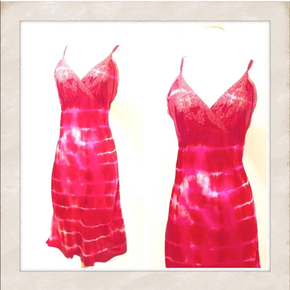 1940’s Hand Dyed Bright Pink Silk Slip Dress, Vintage Tie Dyed‎ Slip Dress, S/M